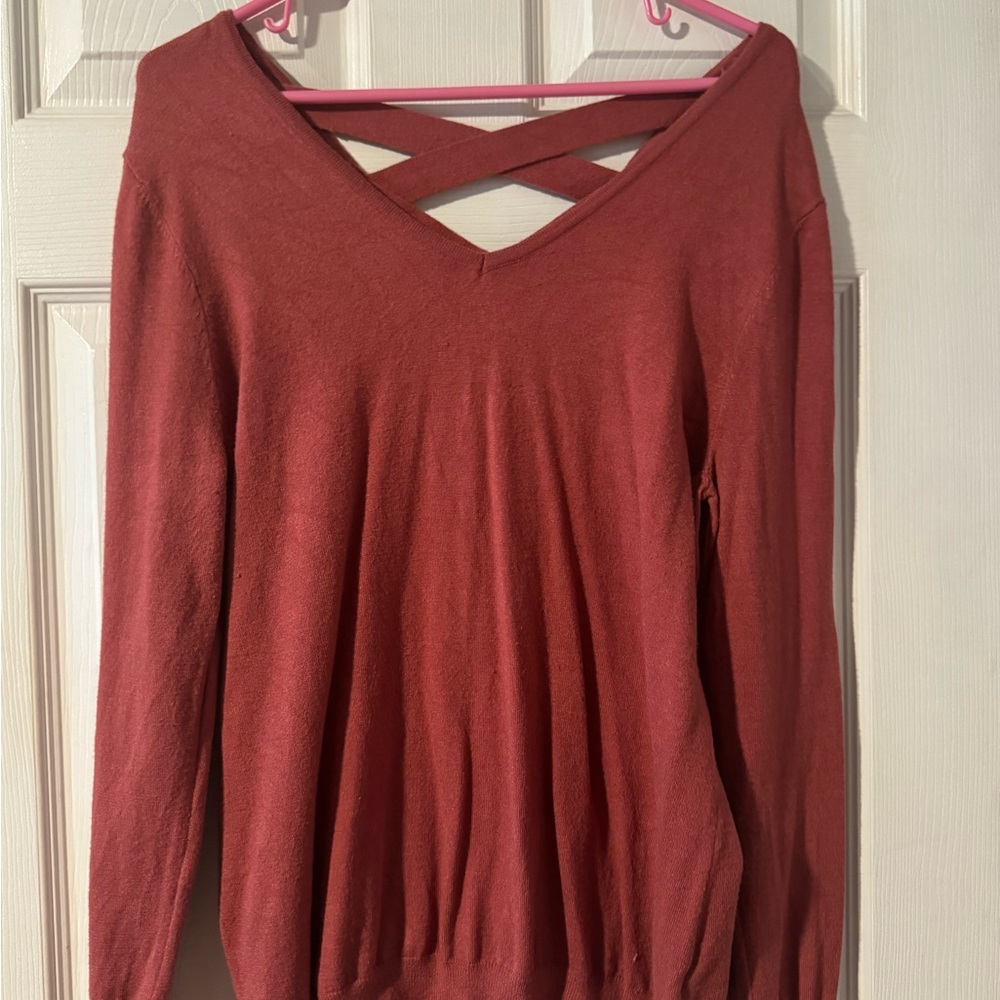 Crisscross Back V-Neck Sweater in Rust